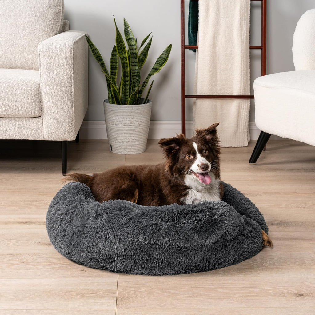 PetAmi Calming Donut Dog Bed, Washable Faux Fur, 30 Inch Medium, Grey