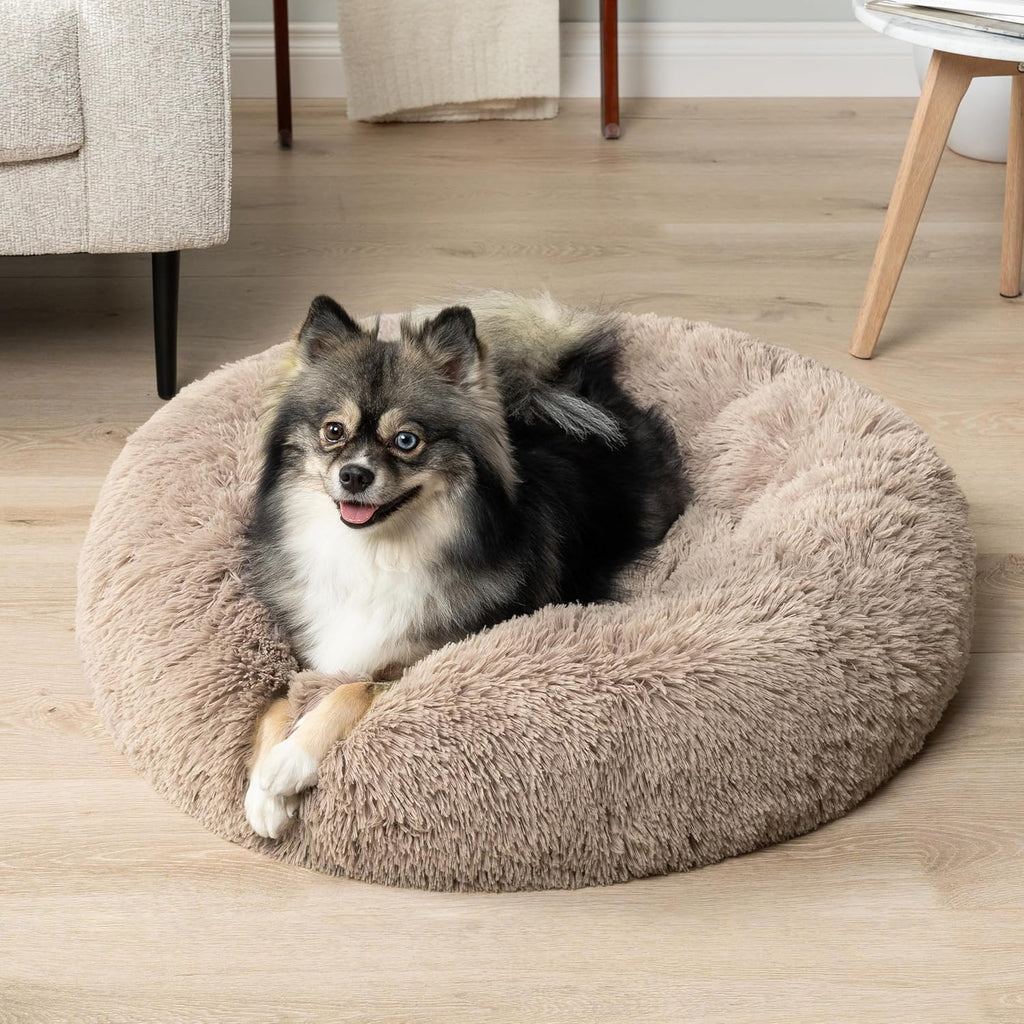 PetAmi Calming Donut Dog Bed, Washable Faux Fur, 23 Inch Small, Taupe