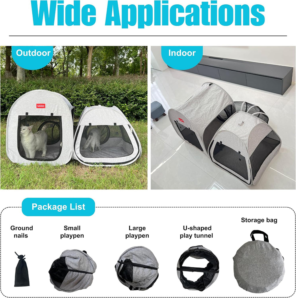 Portable 3-in-1 Cat Playpen, Outdoor Pop-up 2-Room Pet Playpen with Tunnel, Foldable Cat Dog Crate Play Enclosure with Separate Areas for Puppy Kitten and Small Animals Indoor Travel