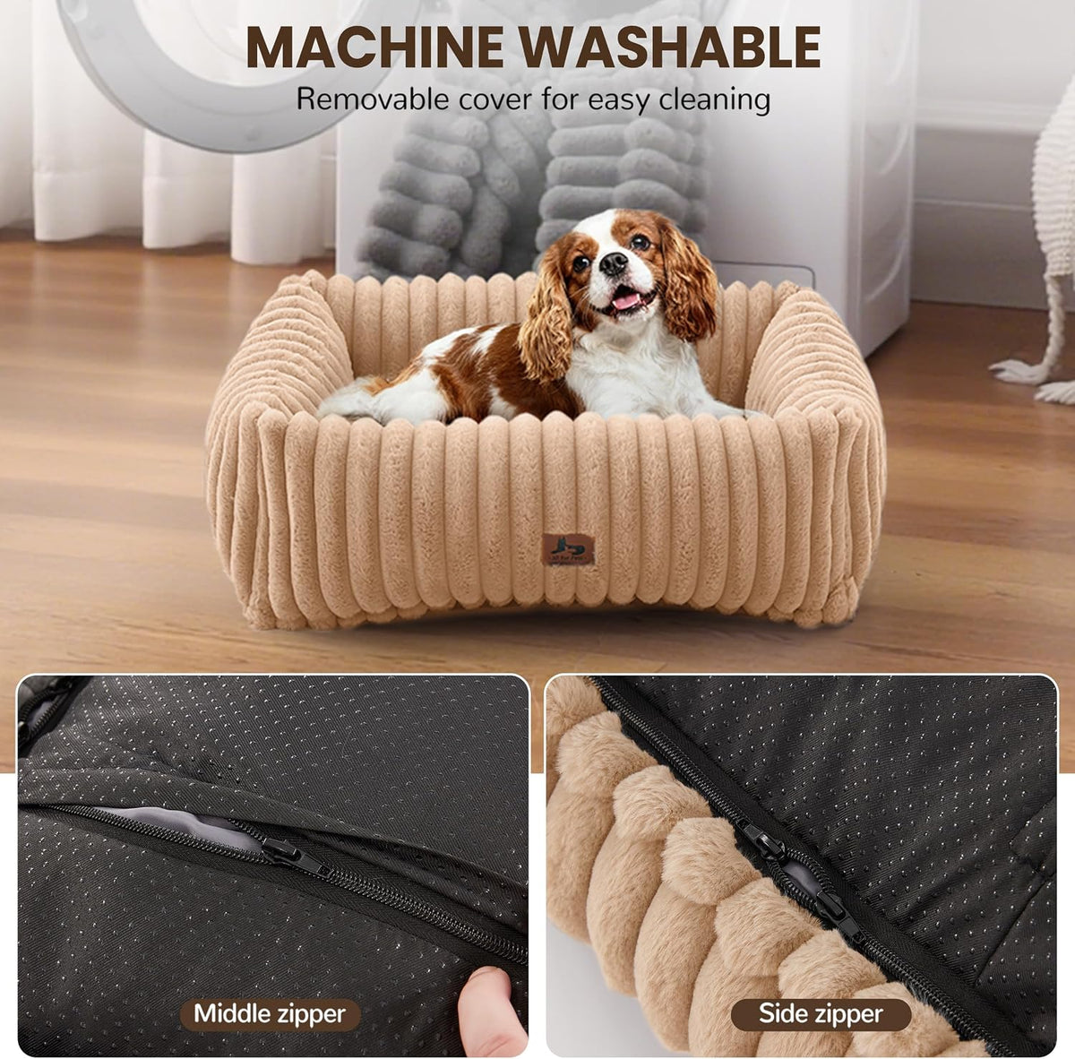Washable Dog Bed Small Medium Size Dog, Rectangle Orthopedic Pet Bed for Car and Indoor,Fluffy Memory Foam Dog Beds with Anti-Slip Bottom,Camel (25x21x7 inches)
