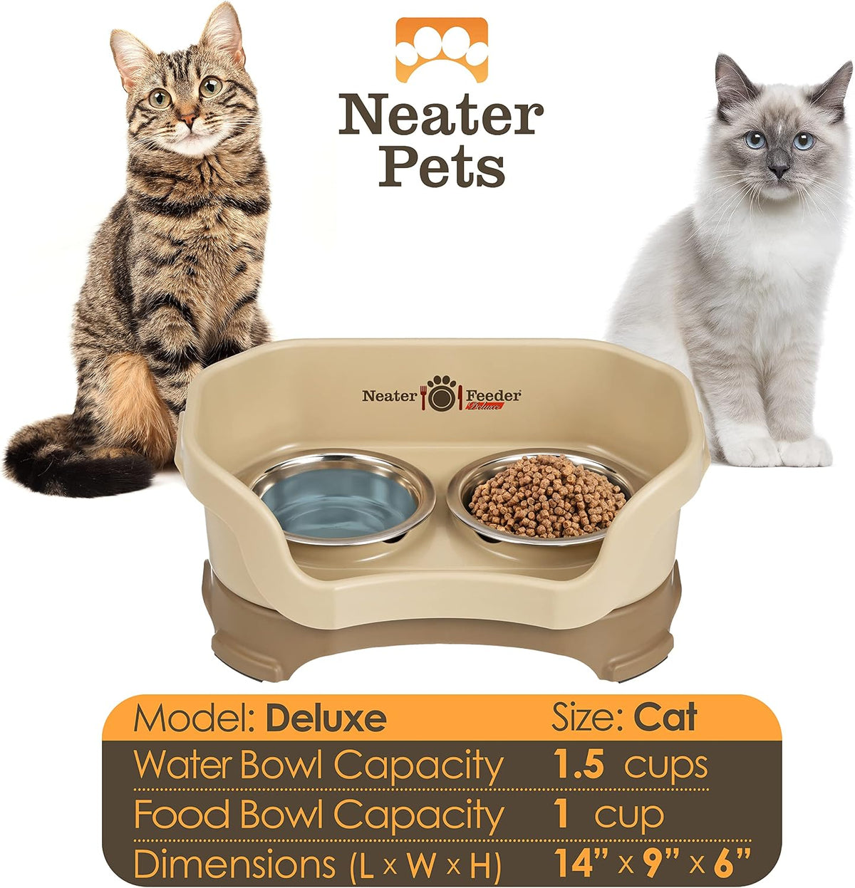 Neater Pet Brands Neater Feeder Deluxe Mess Proof Cat Bowls Elevated, Made in USA, No Spill Raised Bowls for Indoor Cats, Stainless Steel Food and Water Bowl Set, Pet Dish Feeding Station, Cappuccino 