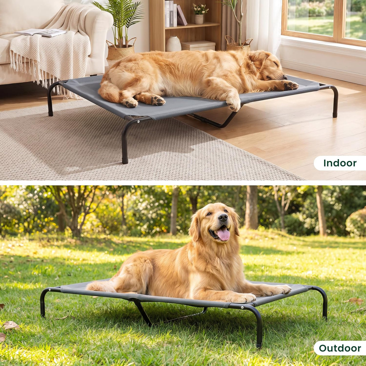 Love's cabin Elevated Cooling Dog Bed for Extra Large Dogs, Portable Indoor & Outdoor Raised Pet Dog Cat Cot, Durable Summer Frame with Breathable Mesh, Grey, 56 inches