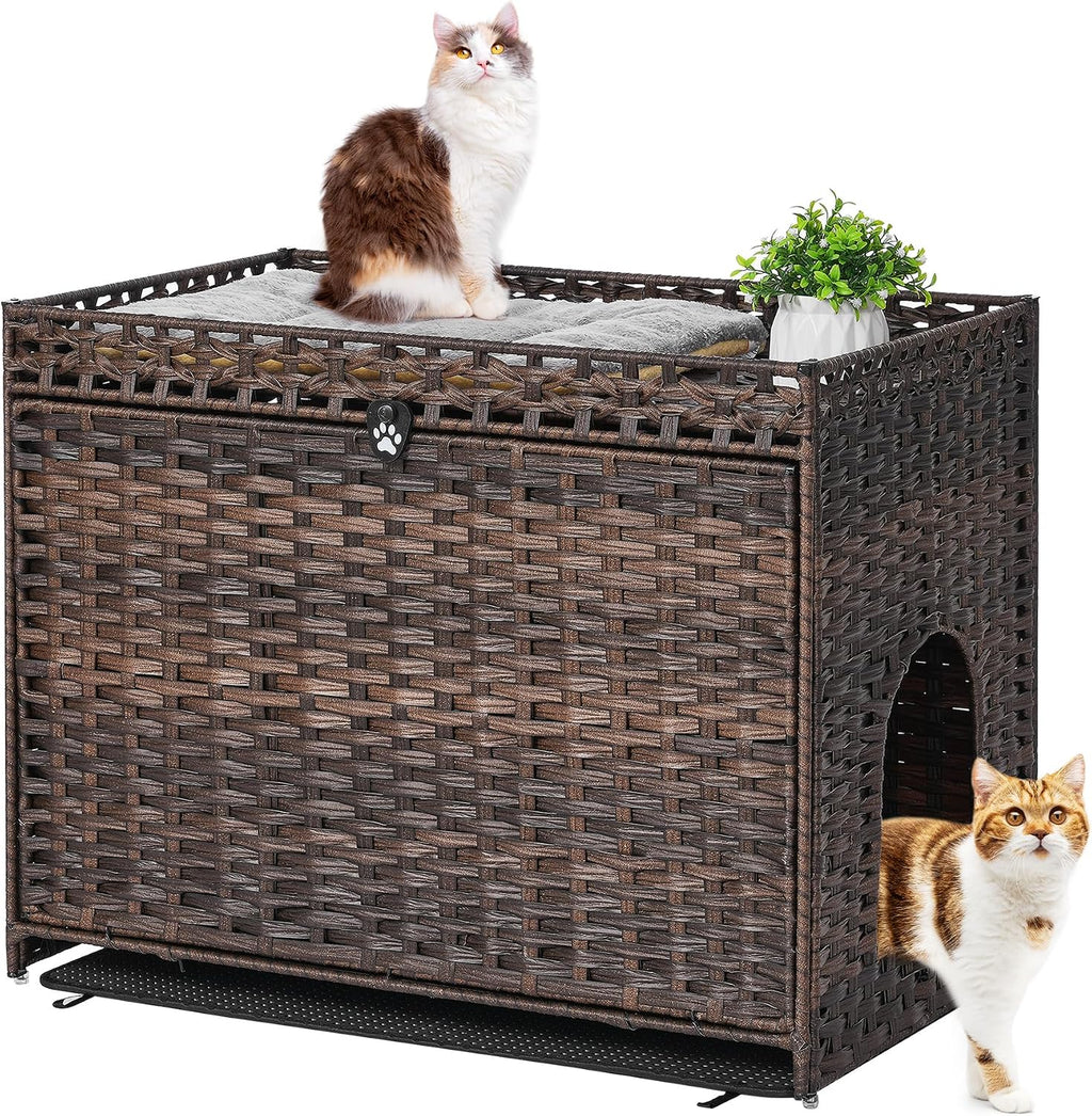 Cat Litter Box Enclosure with Door, Hidden Cat Washroom Furniture | Handwoven PP Wicker; Soft Litter Mat Included; Spacious Interior; Furniture-Style Design; Indoor Home Décor