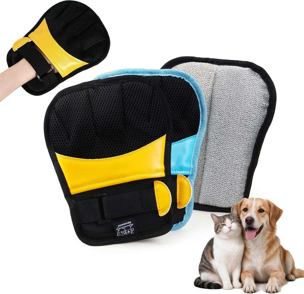 Pet Hair Removal Gloves, Yellow and Blue Colors, Static Hair Removal, Adjustable Strap, Reusable for Clothing, Sofa, Car Seat, Set of 2