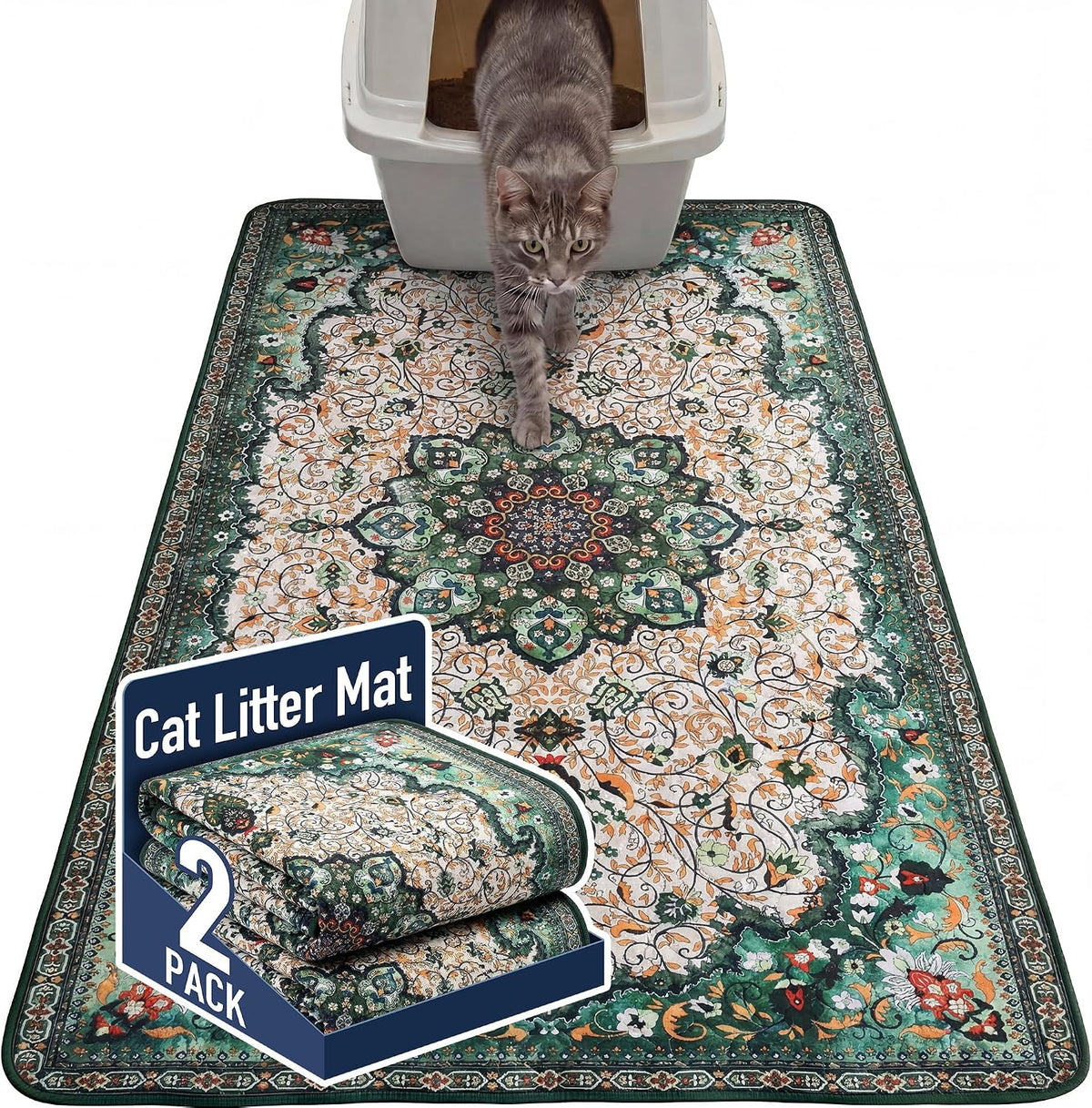 Hompet Cat Litter Mat 2 Pack, 36x60 Large Machine Washable Trapping Mats for Cats, Super Absorbent & Urine-Proof Cat Litter Box Mat for Floor, Waterproof & Non Slip Kitty Litter Rug