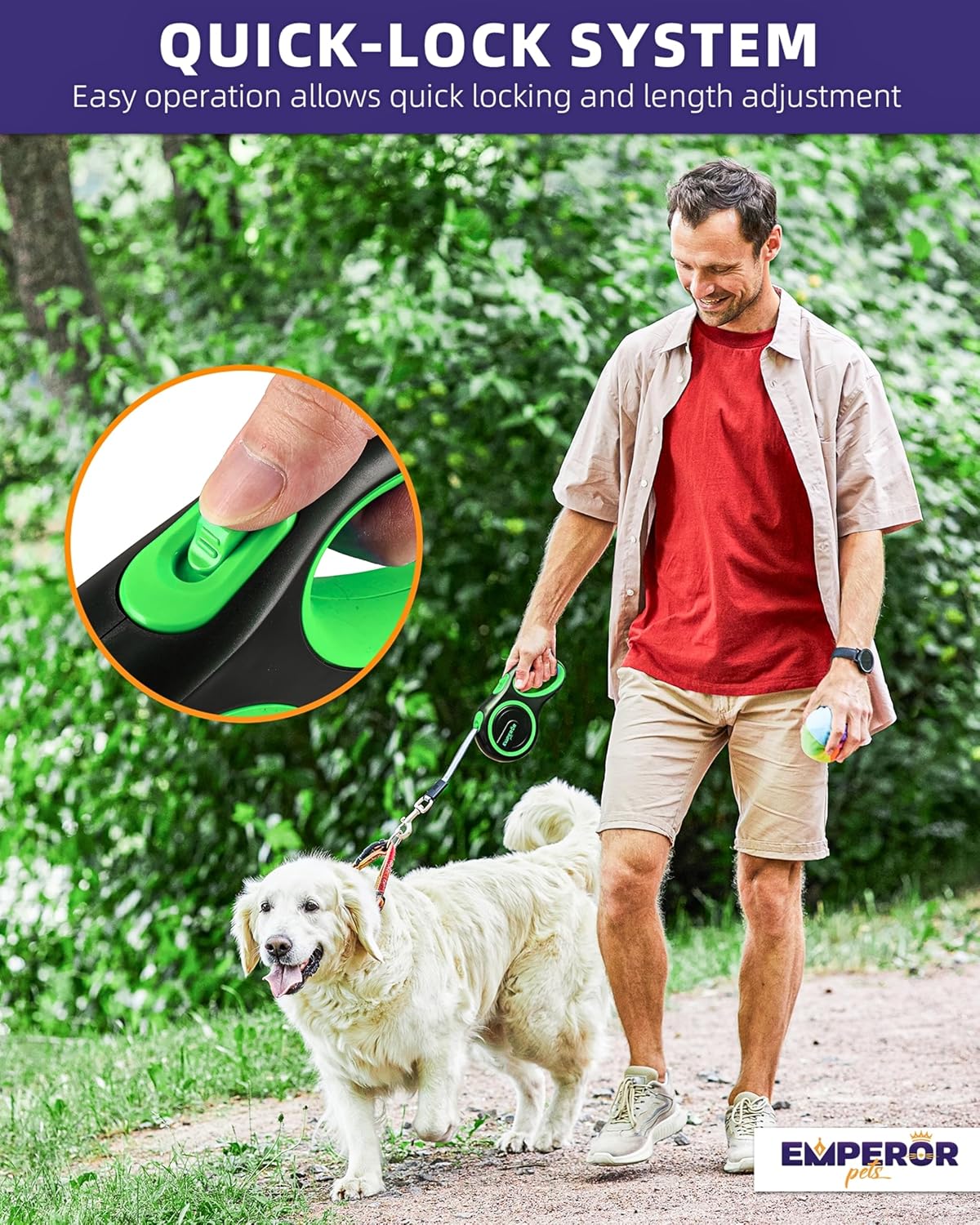EMPEROR PETS 26.1 ft Retractable Dog Leash, for Dogs 10-110 lbs, Green