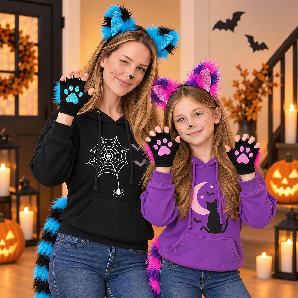 Cat Wolf Fox Tail Faux Fur Ear Headband Paw Gloves Set for Women Adult Halloween Xmas Fancy Party Cosplay Costume