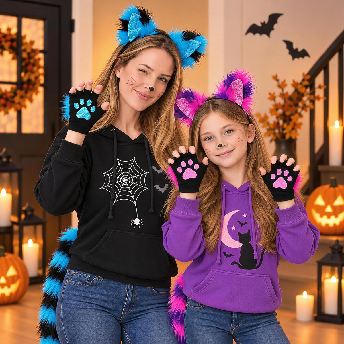 Cat Wolf Fox Tail Faux Fur Ear Headband Paw Gloves Set for Women Adult Halloween Xmas Fancy Party Cosplay Costume