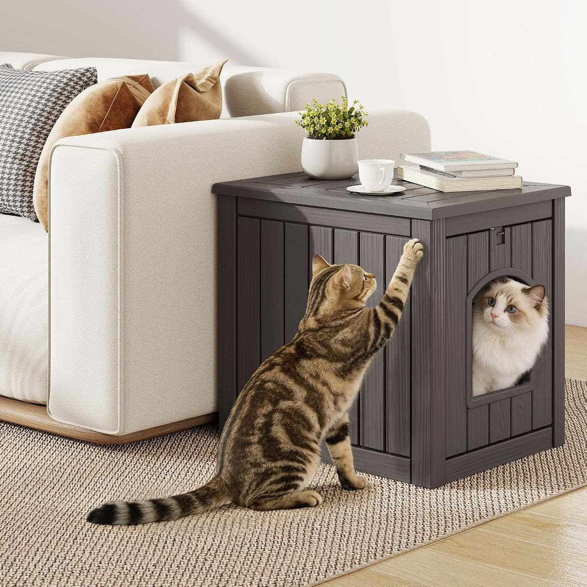 Cat Litter Box Enclosure, Multi-Functional Enclosed Cat Litter Box Furniture, Outdoor Cat House Weatherproof, Openable Front Door & Raised Floor, Easy to Clean & Assemble, Grey