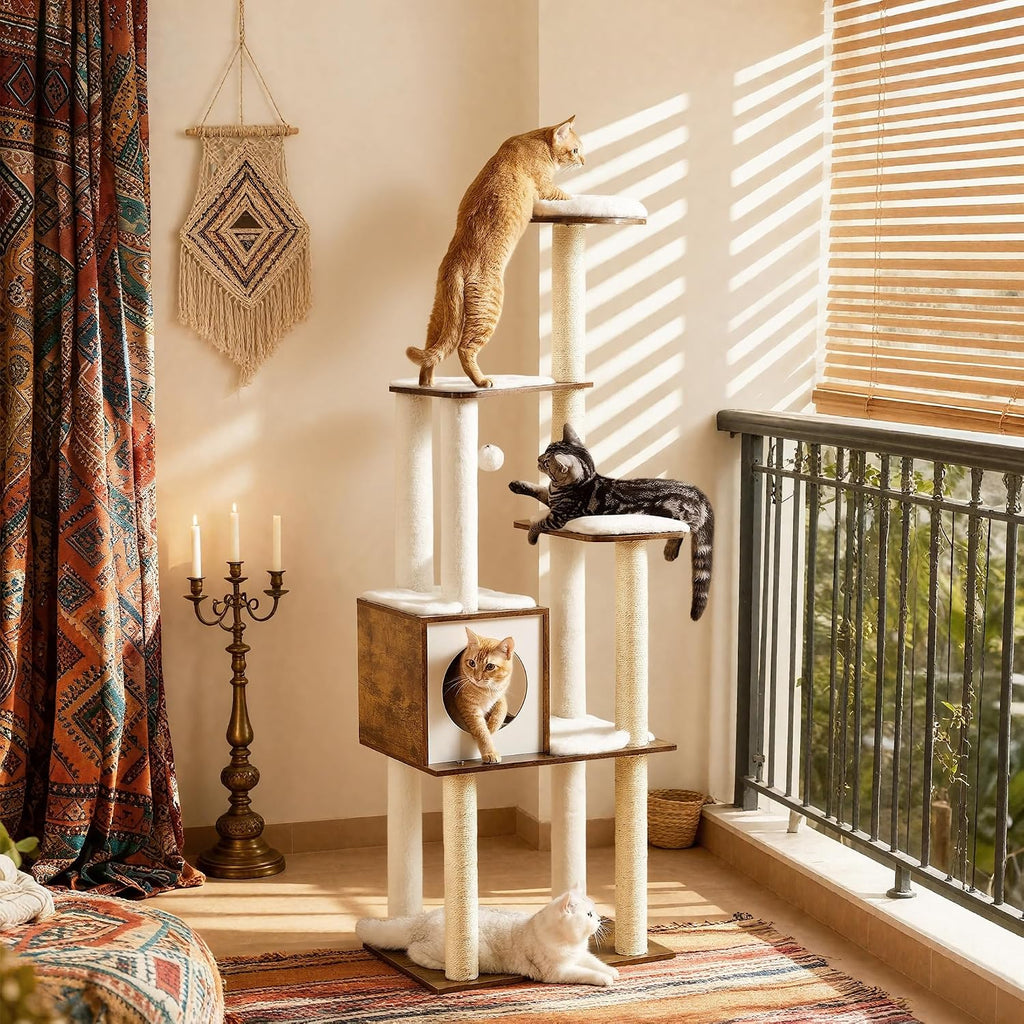 Feandrea Cat Tree, 64.6-Inch Multi-Level Tower with 5 Scratching Posts