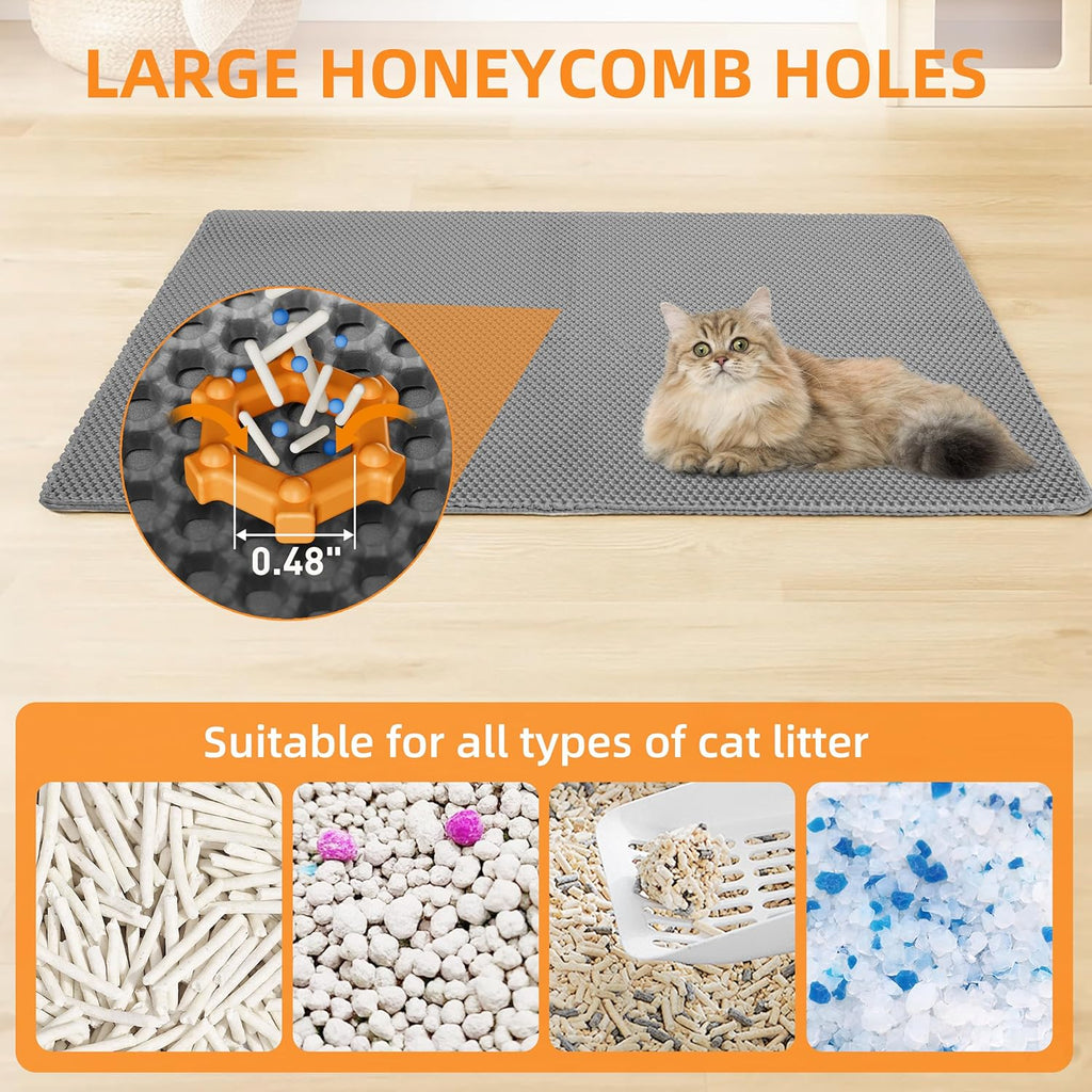 Cat Litter Mat 30"x21" Urine-Proof Small Litter Mat Litter Box Mat | Double Layer Honeycomb Cat Mat Soft EVA litter matt Fits Litter Boxes, kitty Litter mat Trapping Mat, Easy-Open Edge Grey