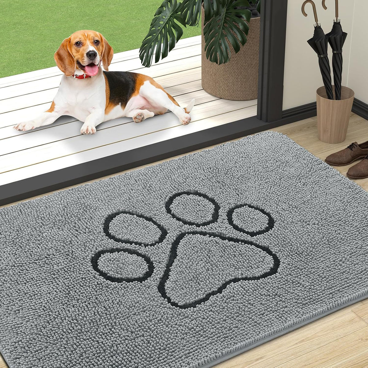 OLANLY Dog Door Mat for Muddy Paws 47x32, Paw Print Design Chenille Mud Mat