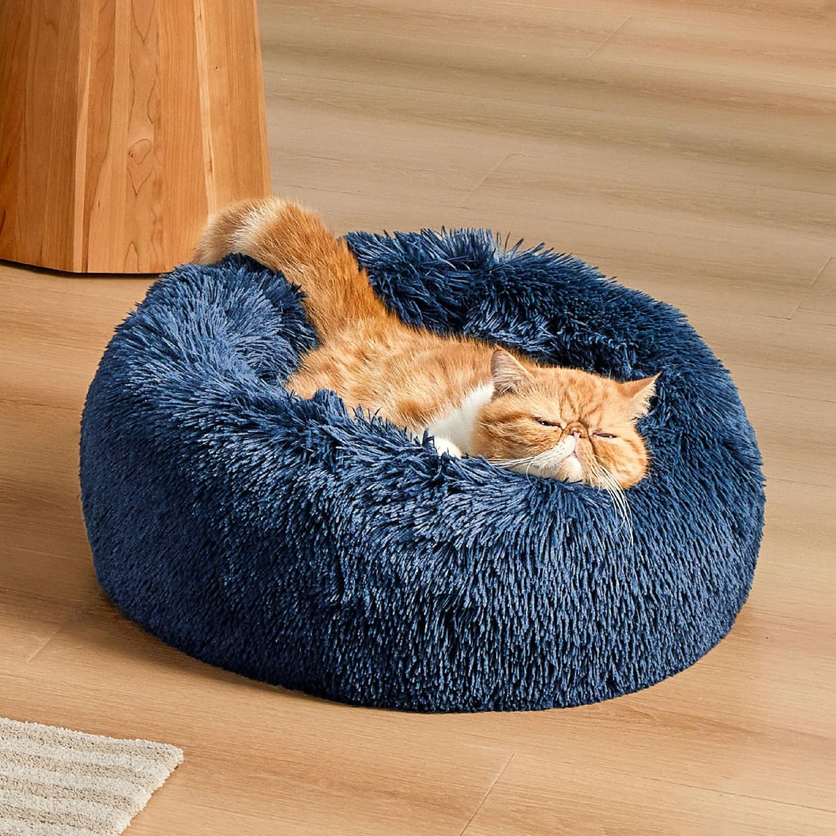 Bedsure Calming Cat Beds Donut Round Washable Kitten Bed,20 inches Navy