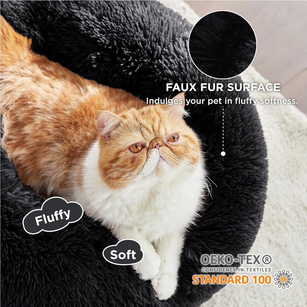 Bedsure Calming Cat Beds Donut Round Washable Kitten Bed,20 inches Black