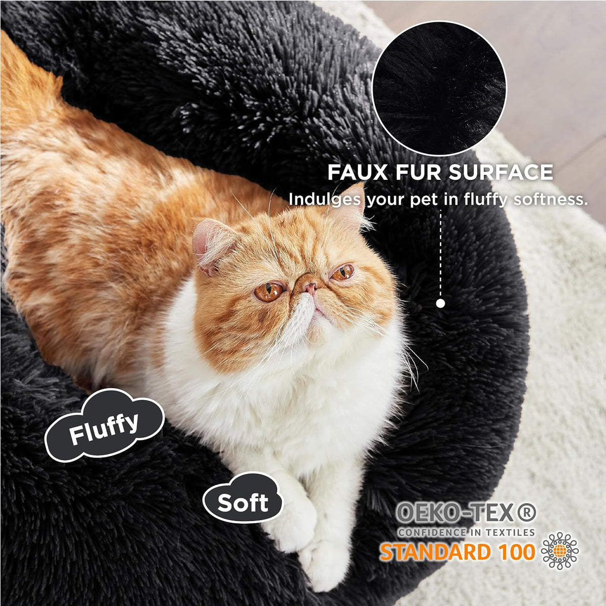 Bedsure Calming Cat Beds Donut Round Washable Kitten Bed,20 inches Black