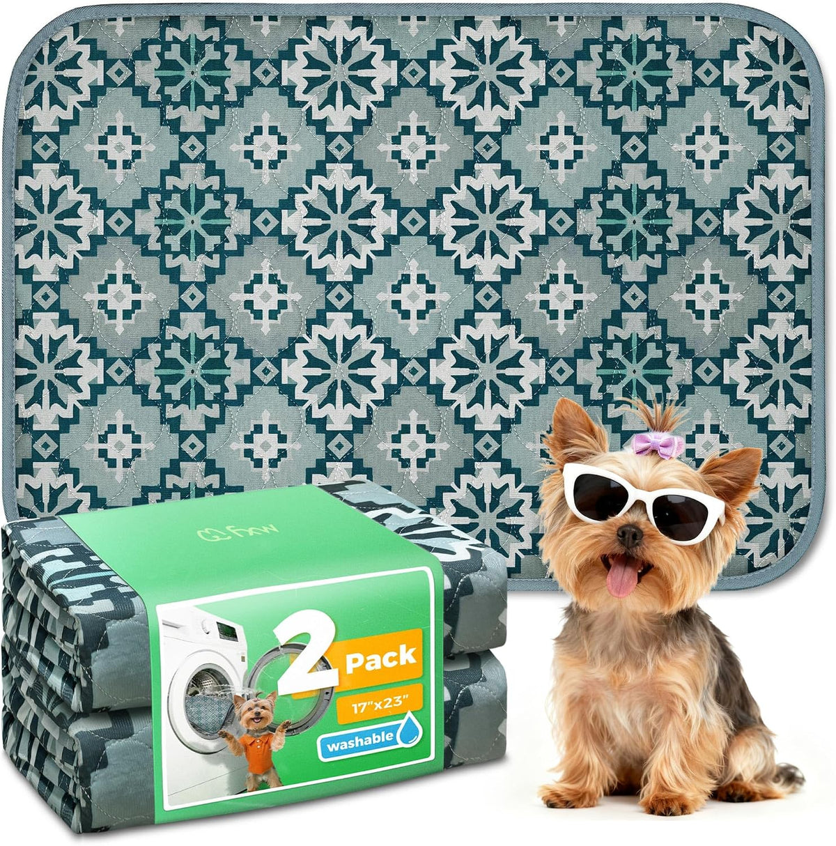 FXW Washable Pee Pads for Dogs, Super Absorbent, 17" x 23", 2 Packs | Machine washable, Non-slip backing