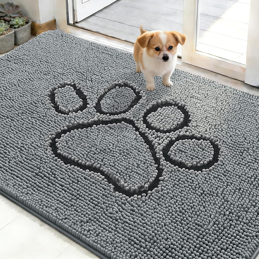 OLANLY Dog Door Mat for Muddy Paws 48x30, Paw Print Design Chenille Mud Mat