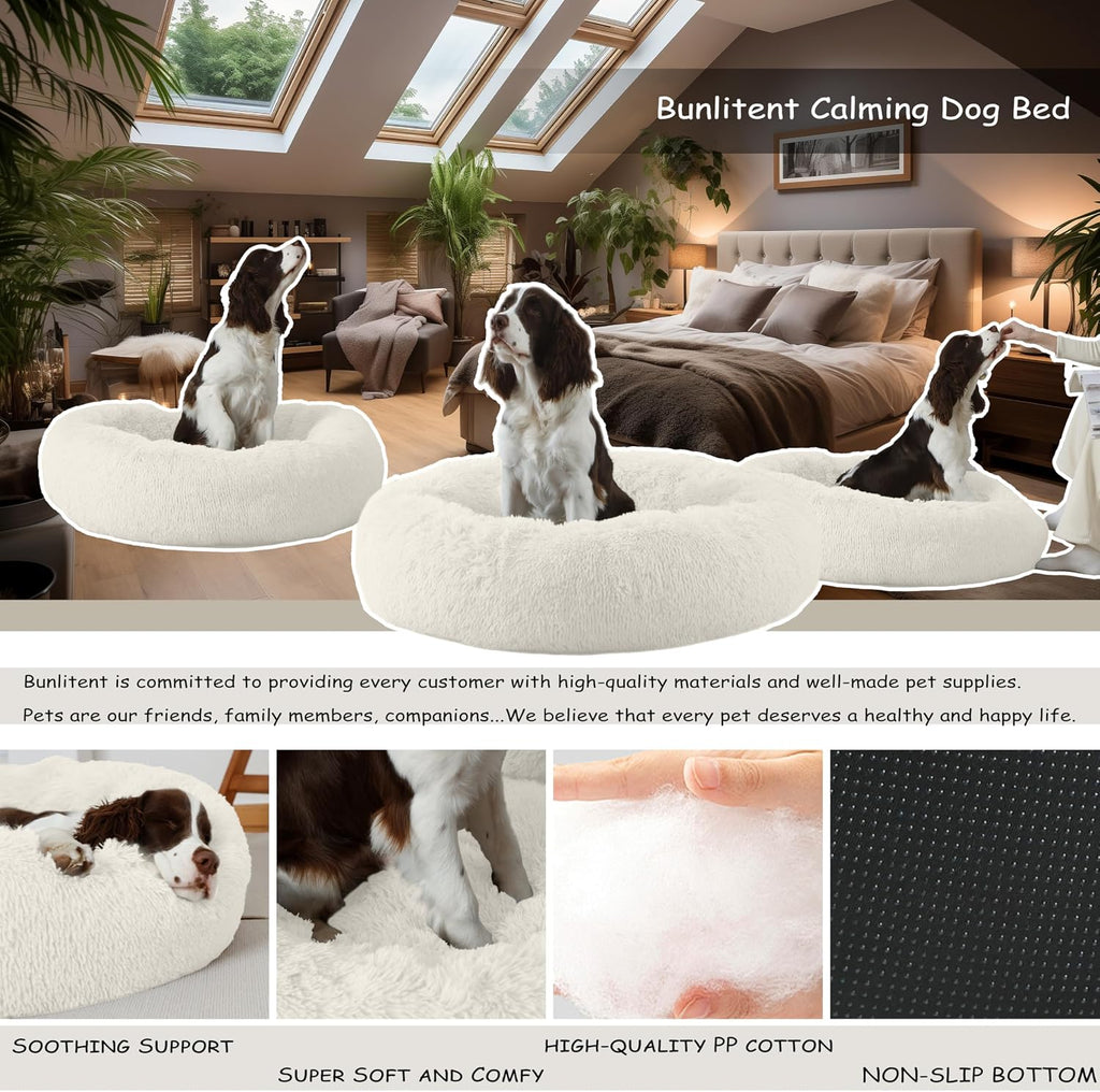Bunlitent 20 inch Calming Dog Bed, Donut Dog Bed for Small Sized Dog, White