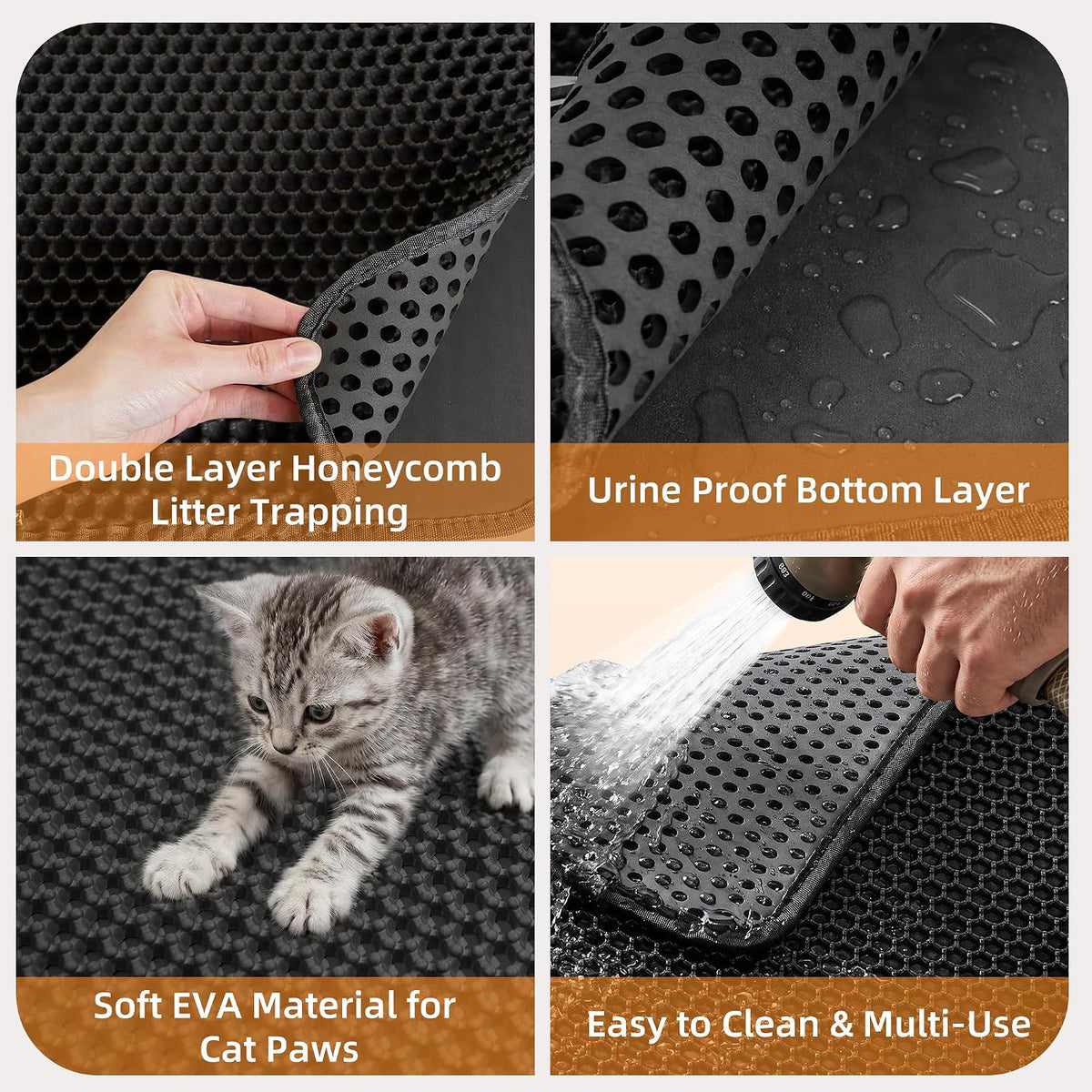 Cat Litter Mat 47"x33" Urine-Proof XL Litter Mat for Litter Box Mat | Large Cat Mat Double Layer Honeycomb Cat Litter Trapping Mat, Litter Matt Fits Litter Box, Easy Clean Rinse with Water Black