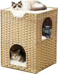 Safety Triple-Layer Cat House for Indoor Cats - Hand-Woven Rattan Cat Cave with 2 Hideaways & 3 Soft Pads - Foldable & Sturdy Cat Condo Furniture for Multiple Cats & Small Pets, Easy Assembly