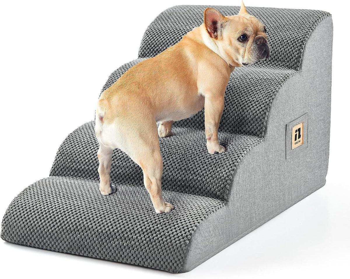 IFNOW Dog Stairs for Small Dogs 15.7''H, 4-Step Sturdy Dog Steps for Bed, Couch, Sofa, Waterproof Pet Stairs for Older Cats, Puppy, Removable Washable Cover, Non-Slip Curved Pet Ramp Indoor, Grey