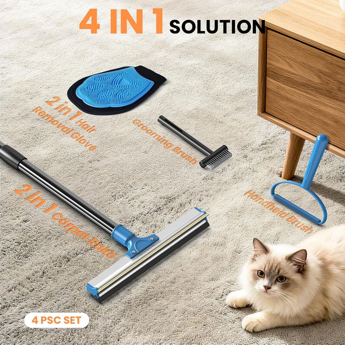 4-in-1 Pet Hair Removal Tool Set - Dual-Head Carpet Rake & Floor Scraper