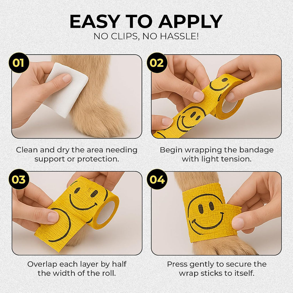 JorVet 4" x 10 Yards Cohesive Bandages | Fun Self-Adhesive Wrap for Animal Wound | Easy Tear, No Scissors Needed | Individually Wrapped Vet Tape, Secure & Flexible | Smiley Face Yellow | Pack of 12