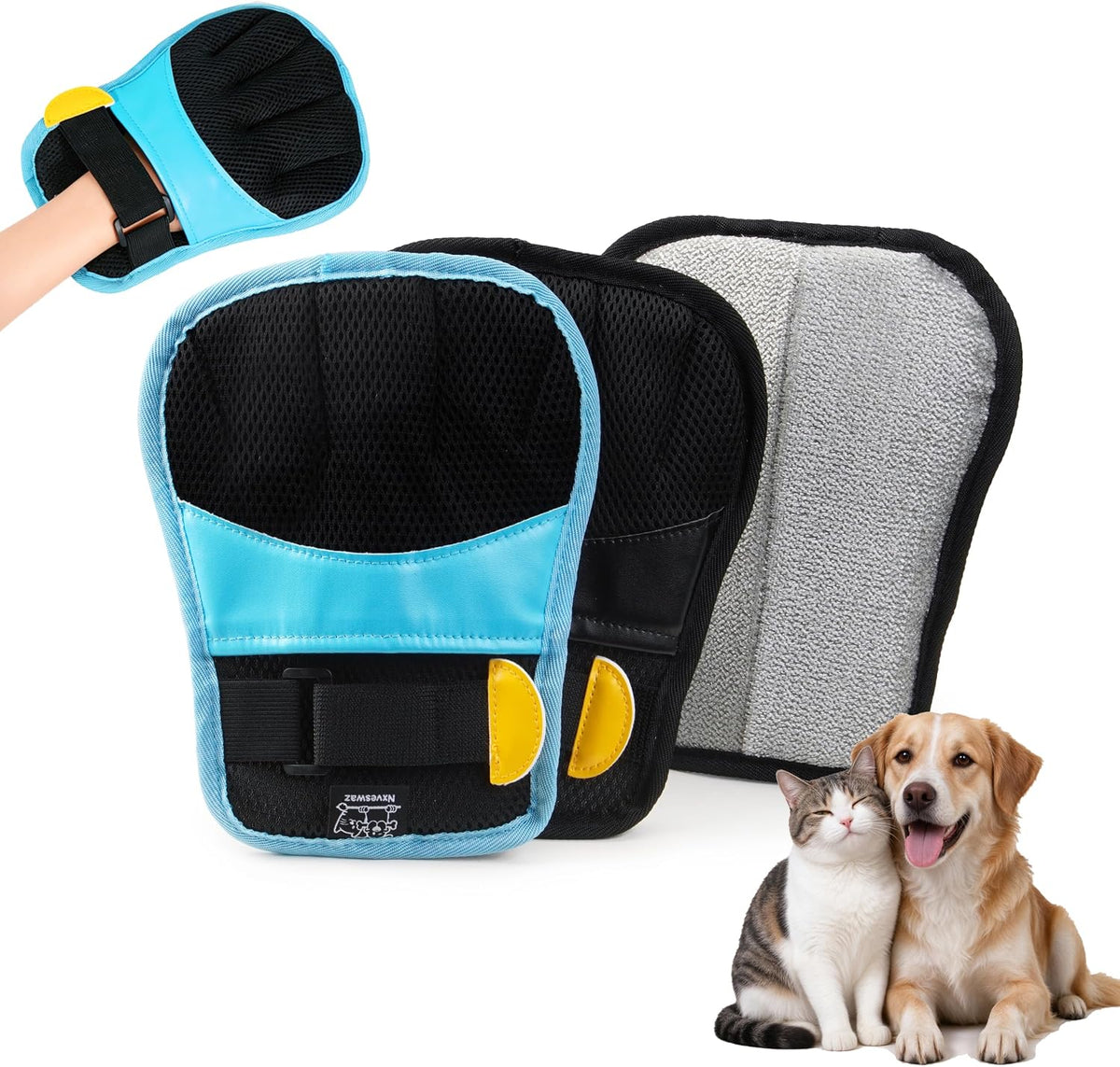 Pet Hair Removal Gloves, Blue and Black Colors, Static Hair Removal, Adjustable Strap, Reusable for Clothing, Sofa, Car Seat, Set of 2