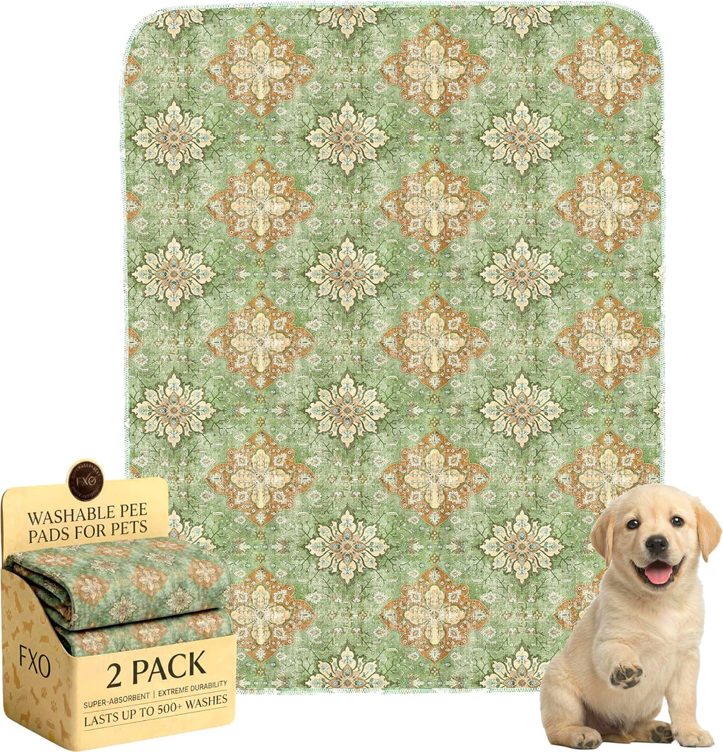 Washable Pee Pads for Dogs,Great Urine Absorbent Reusable Puppy Training Pads,Waterproof,Leak-Proof & Non-Slip Potty Pads for Whelping,Crate,Playpen,Bed.(Green Floral Flat,31"x36")