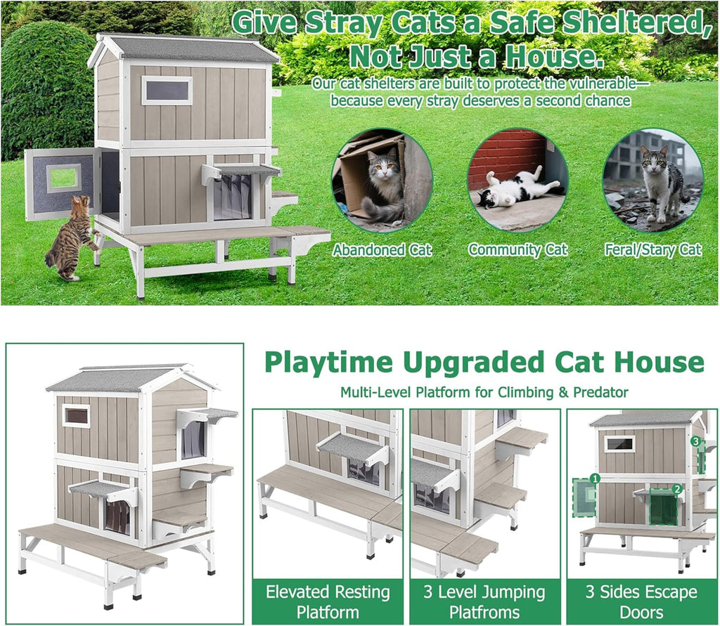 GoWoodHut Outdoor Cat House Weatherproof Cats Shelter for Feral Kitten Pet Houses for 1-2 Small Animlas 2 Story Wooden Houses for Indoor Outdoor Cats with Escape Doors (25.5" D x 33.5" W x 39.5" H)
