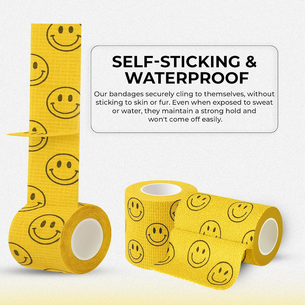 JorVet 4" x 10 Yards Cohesive Bandages | Fun Self-Adhesive Wrap for Animal Wound | Easy Tear, No Scissors Needed | Individually Wrapped Vet Tape, Secure & Flexible | Smiley Face Yellow | Pack of 12