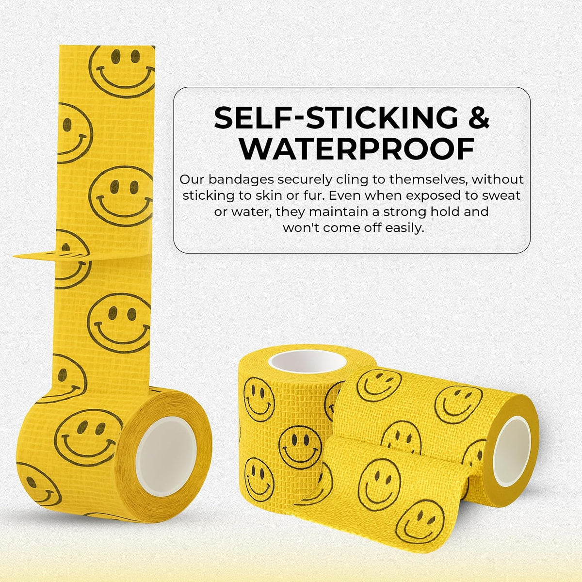 JorVet 4" x 10 Yards Cohesive Bandages | Fun Self-Adhesive Wrap for Animal Wound | Easy Tear, No Scissors Needed | Individually Wrapped Vet Tape, Secure & Flexible | Smiley Face Yellow | Pack of 12