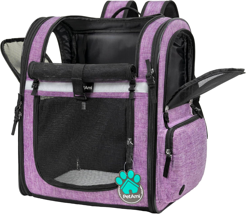 PetAmi Dog Backpack Carrier, 4-Way Entry Ventilated, 18 lbs, Purple