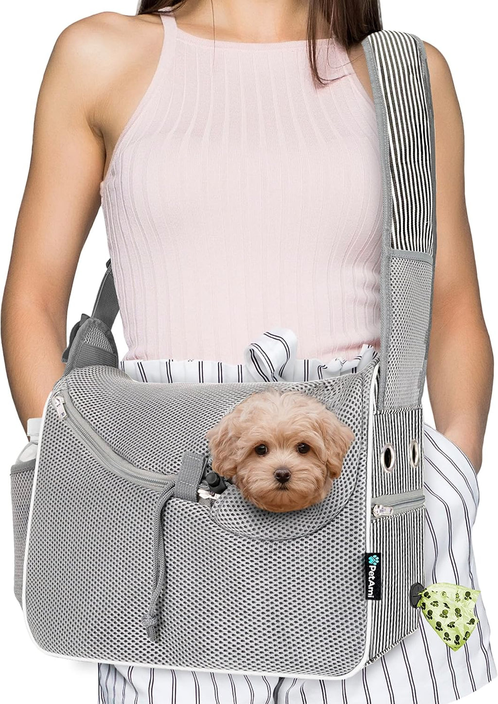 PetAmi Dog Sling Carrier Small Dogs, Hands Free Crossbody Carrier, Stripe