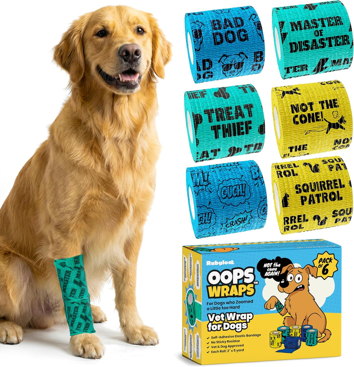Funny Vet Wrap for Dogs, 2in Self-Adhesive Bandage Tape, 6 Pack Boys