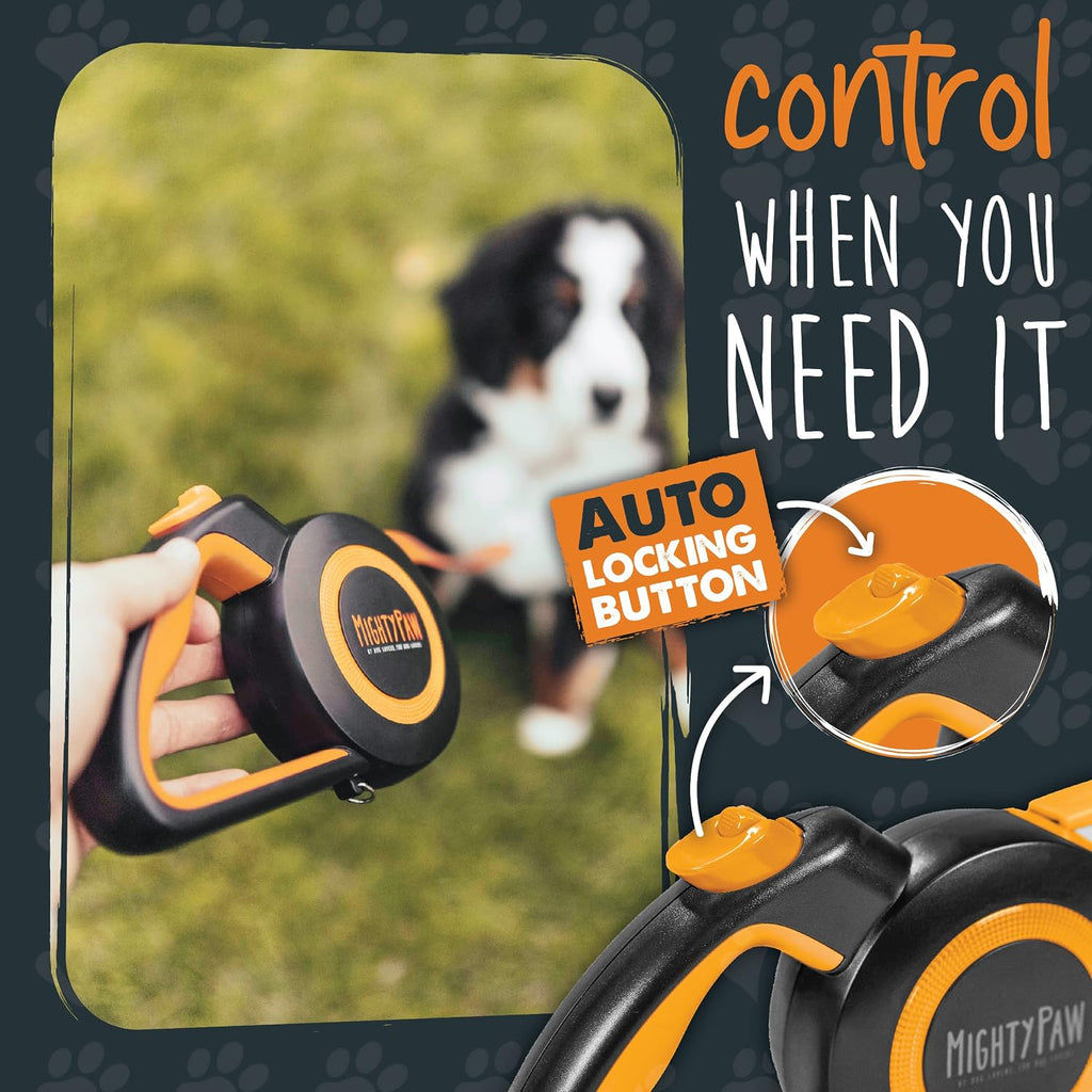 Mighty Paw Retractable Dog Leash 2.0 | 16' Heavy Duty Reflective Nylon Tape Lead for Pets up to 0-50 lbs. Tangle Free Design W/One Touch Quick-Lock Braking System & Anti-Slip Handle (Orange/Lite)