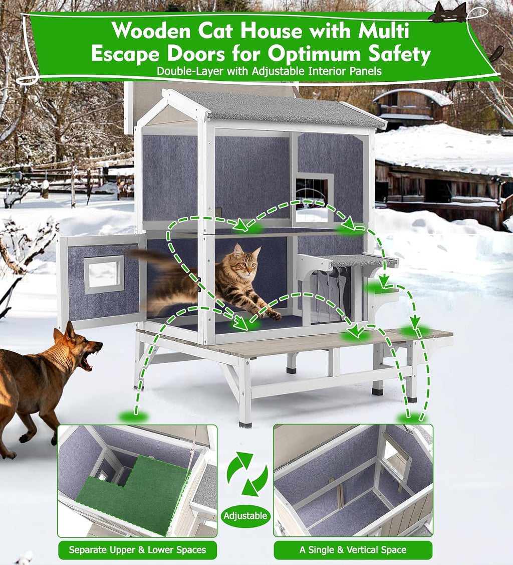 GoWoodHut Outdoor Cat House Weatherproof Cats Shelter for Feral Kitten Pet Houses for 1-2 Small Animlas 2 Story Wooden Houses for Indoor Outdoor Cats with Escape Doors (2 Story Cat House-73TI)