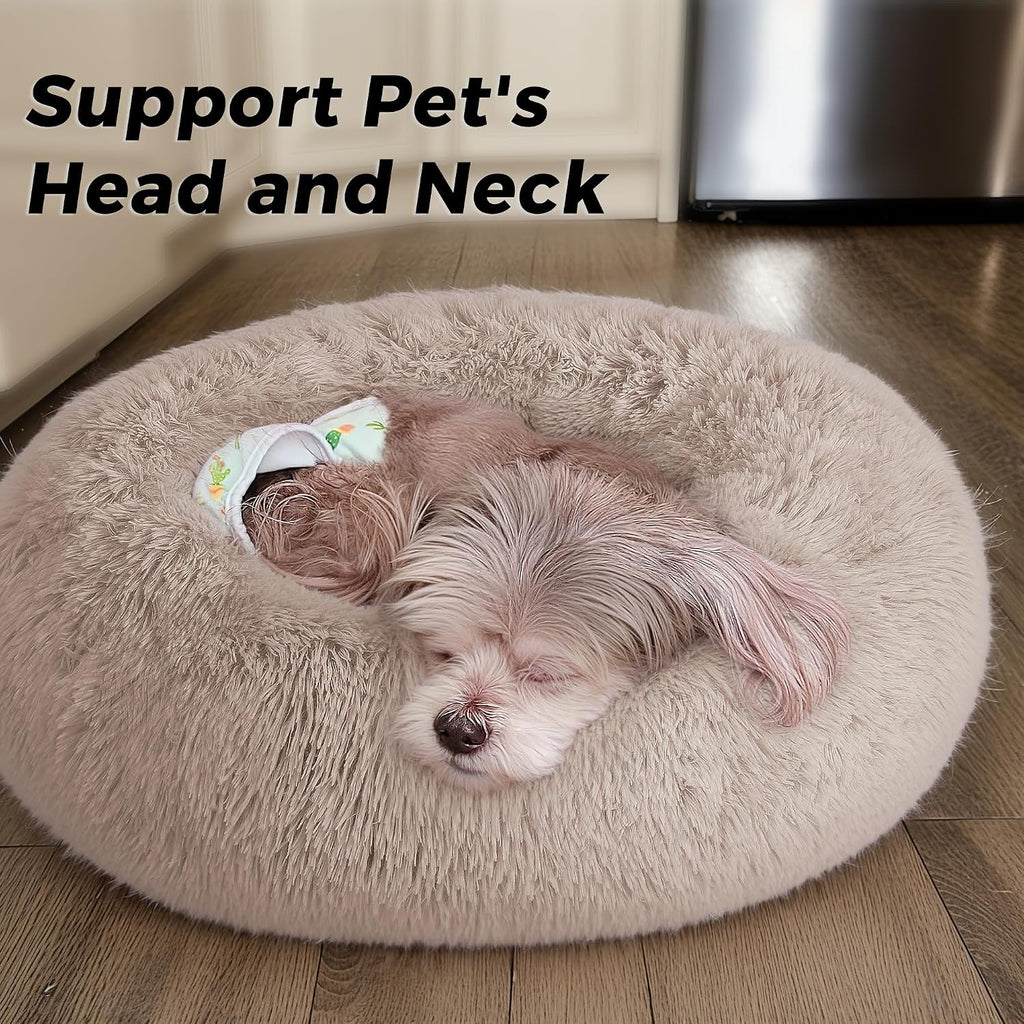 Calming Round Dog Bed & Cat Bed for Indoor Cats, Medium Size Washable Anti-Slip Anti-Anxiety Donut Dog Beds for Small Dogs & Cats, Fluffy Plush Soft Dog Bed(20 Inch, Light Brown)
