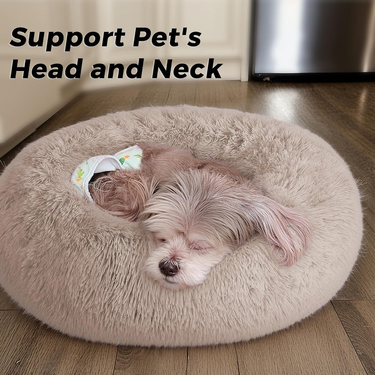 Calming Round Dog Bed & Cat Bed for Indoor Cats, Medium Size Washable Anti-Slip Anti-Anxiety Donut Dog Beds for Small Dogs & Cats, Fluffy Plush Soft Dog Bed(20 Inch, Light Brown)