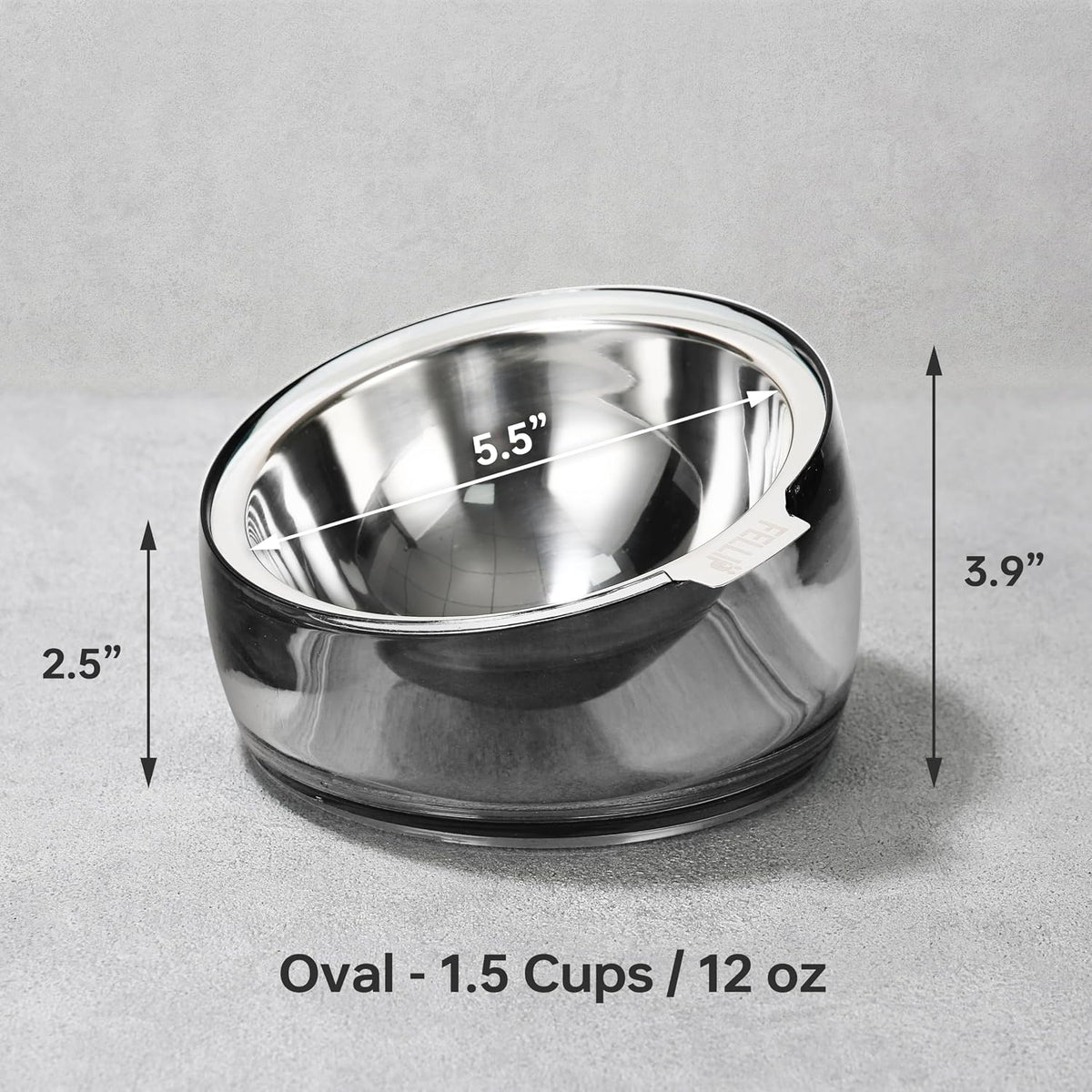 Felli Pet Oblik Acrylic Raised Dog Food Water Bowl Stainless Steel Slanted Oval Dish for Short Leg Puppy & Small Medium Pet, Elevated Tilted Metal Feeder (Smoky, 1.5 Cups Oval Dish) 