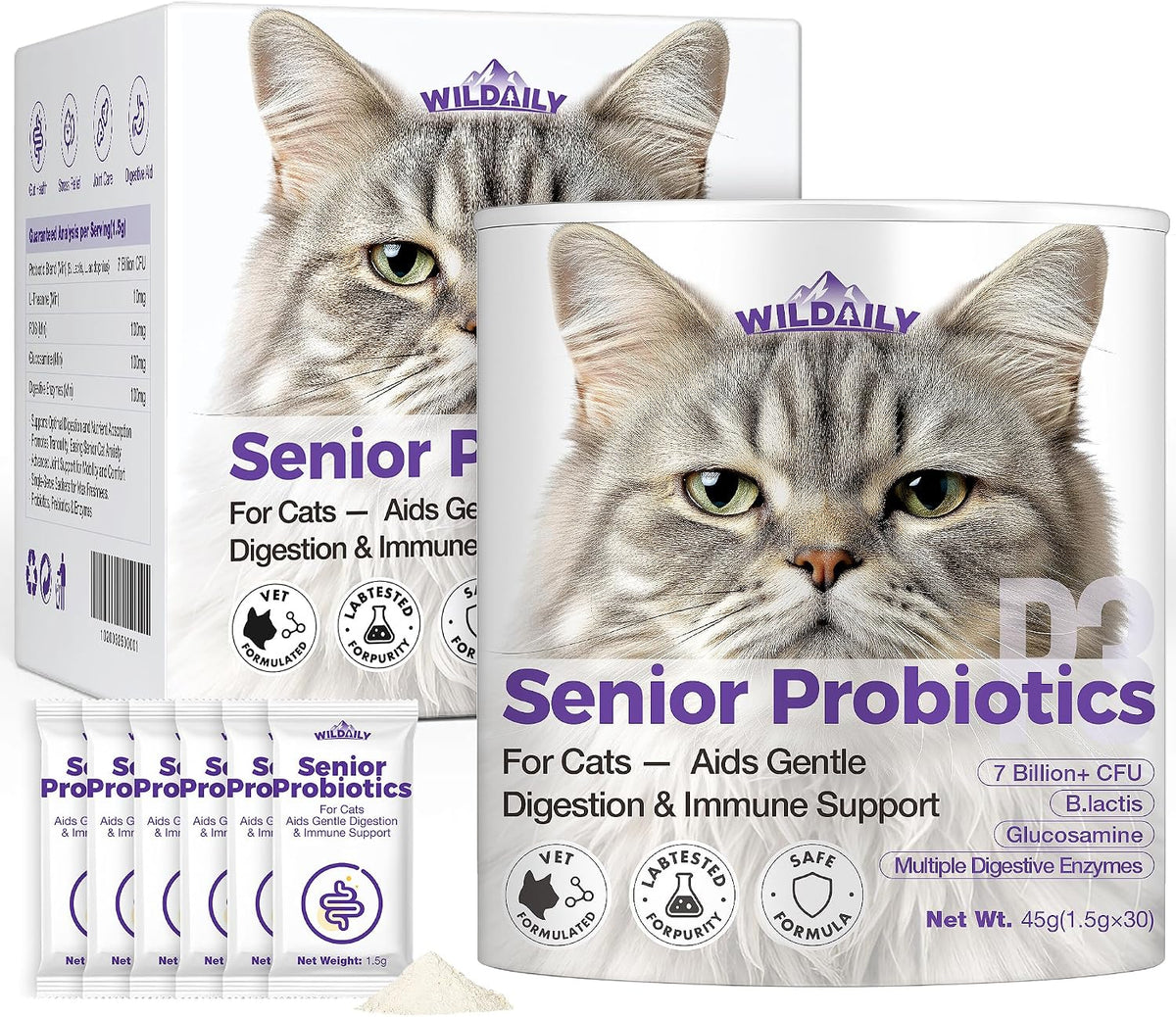 Probiotics for Cats with Prebiotics, 7 Billion CFU Digestive & Gut Health Support for Senior Cats, Daily Probiotic Powder for Older Cats, 30 Stick Packs
