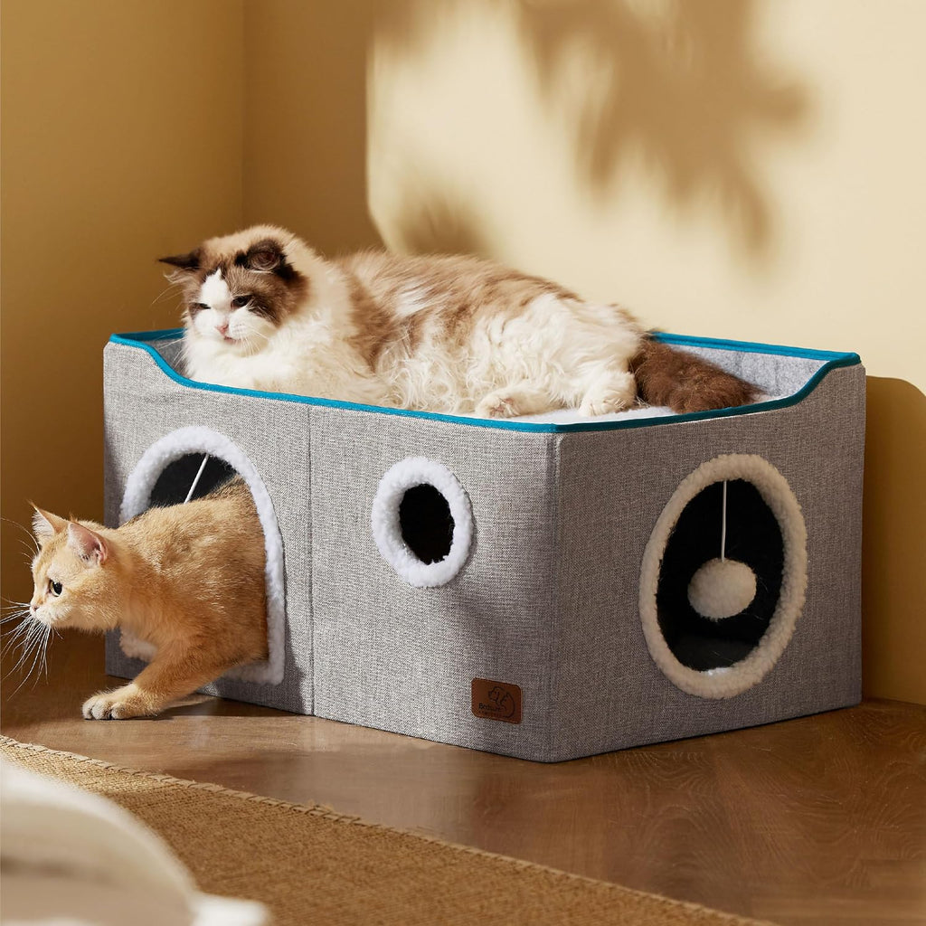 Bedsure Extra Wide Cat House Bed with Fluffy Ball and Scratch Pad,Grey