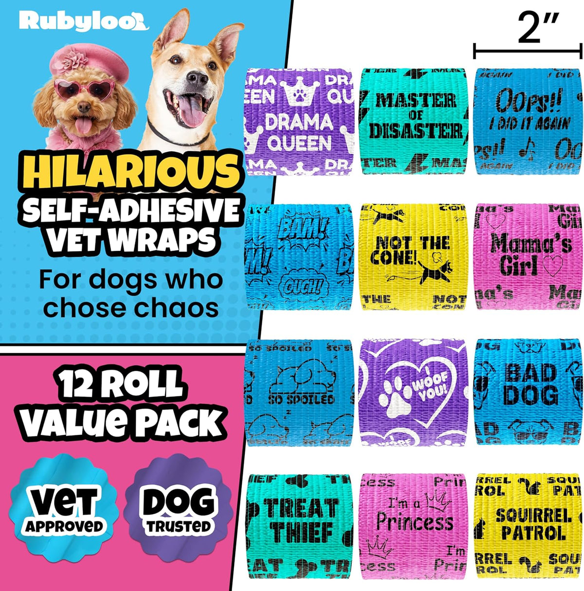 Funny Vet Wrap for Dogs, 2in Self-Adhesive Bandage Tape, 12 Pack Mix
