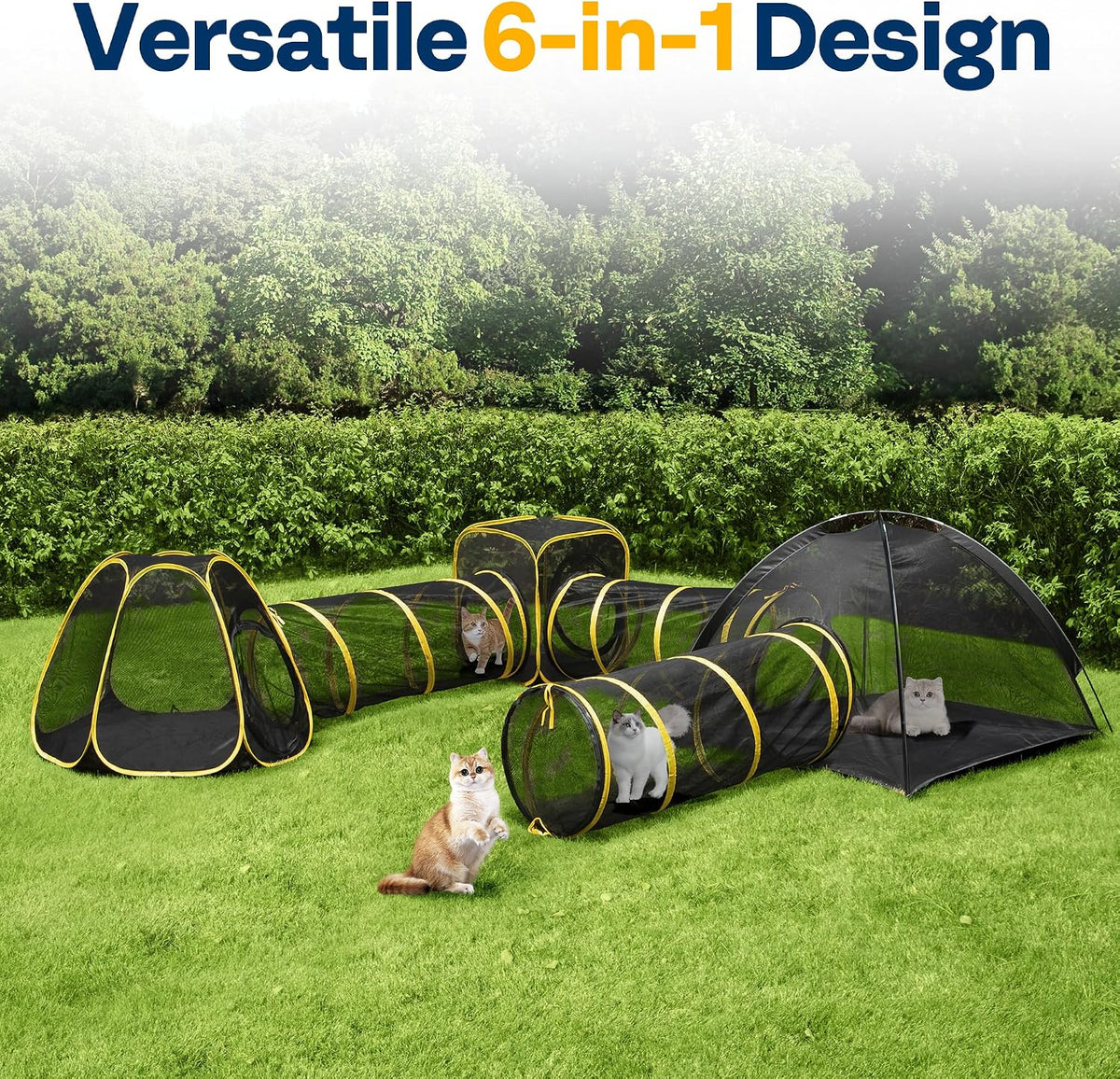 VIVOHOME 6-in-1 Outdoor Cat Enclosure with Playhouse, 2 Tents & 3 Tunnels