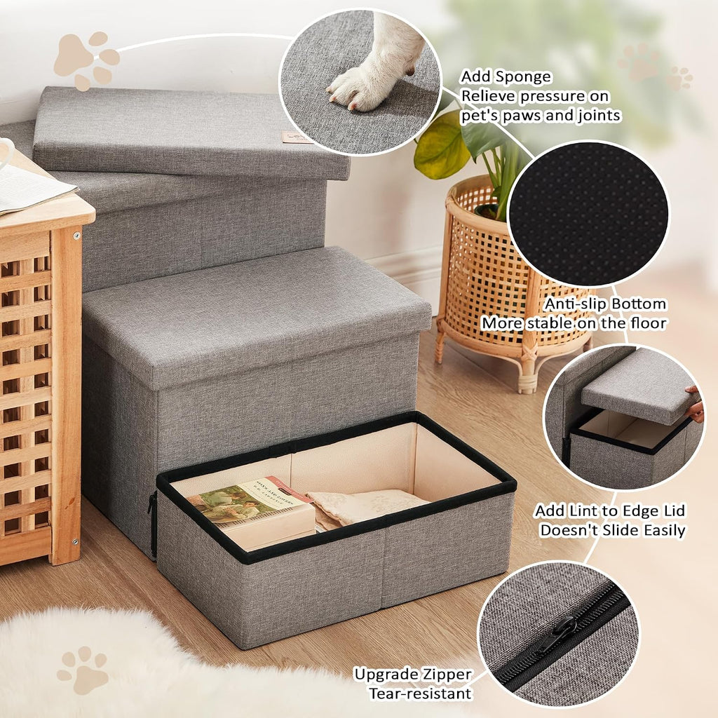 Love's cabin Dog Stairs for High Bed, Foldable Pet Stairs for Small Medium or Large Dogs Puppy with Storage for Bed or Couch, Cat Dog Steps Ramp with Zip up to 200 lbs, Solid Grey, 3 Steps