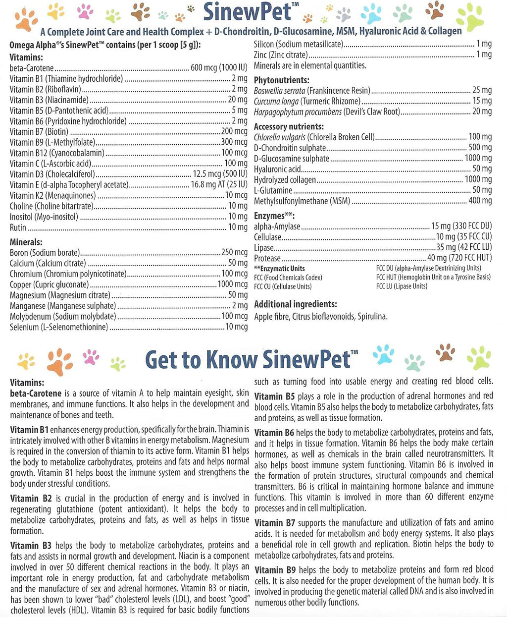 Omega Alpha Pets - Performance & Mobility-A Complete Joint Care and Health Complex + D-Chondroitin, D-Glucosamine, MSM, Hyaluronic Acid & Collagen- SinewPet-500g (One Bottles)