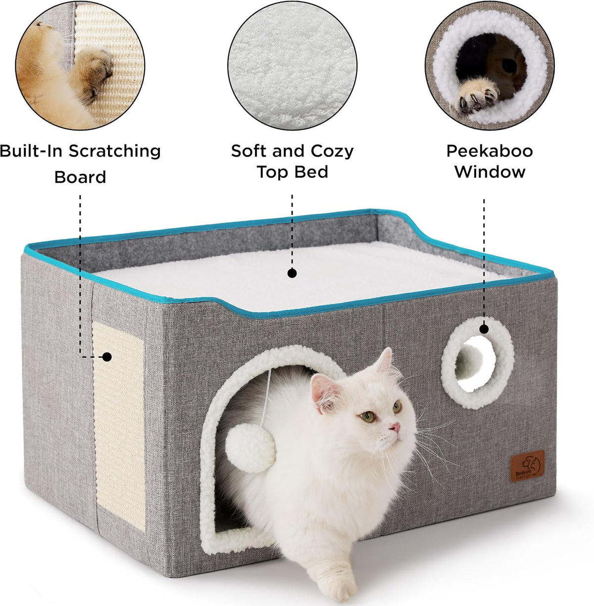 Bedsure Extra Wide Cat House Bed with Fluffy Ball and Scratch Pad,Grey