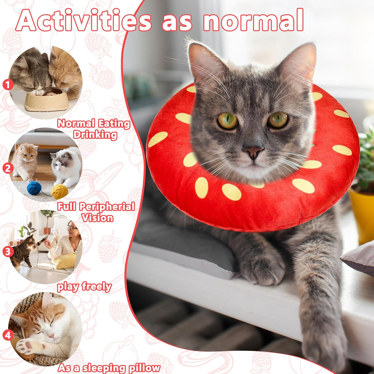 Cat Cone Collar Soft, Cat Recovery Cone (Strawberry, L)