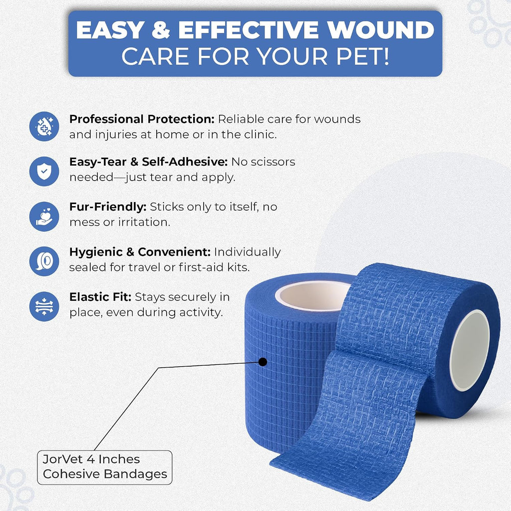 JorVet 4" x 10 Yards Cohesive Bandages for Pets | Self-Adhesive, Easy Tear Wraps for Wound Care | Secure, Individually Wrapped Vet Tape | Navy Blue | Pack of 12