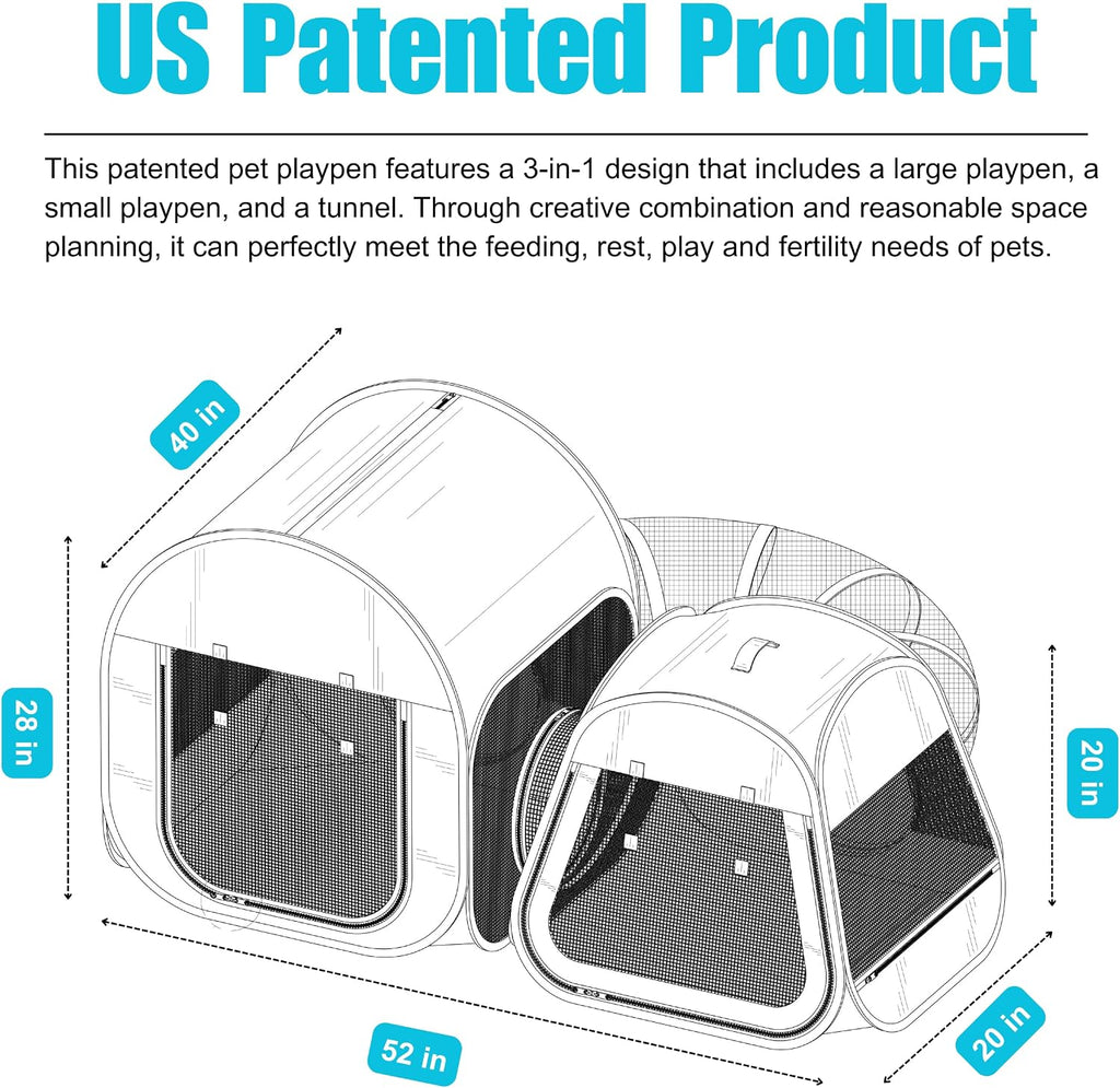 Portable 3-in-1 Cat Playpen, Outdoor Pop-up 2-Room Pet Playpen with Tunnel, Foldable Cat Dog Crate Play Enclosure with Separate Areas for Puppy Kitten and Small Animals Indoor Travel